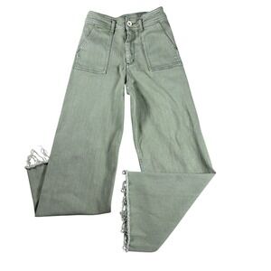 Miou Muse Sage Green High Rise Wide Leg Utility Pants Raw Hem Small P2112